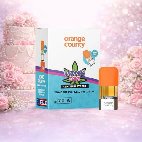 Orange County - CBD Prefilled Pod 1ml in Wedding Cake flavor with 750mg CBD and colorful packaging on a decorative background.