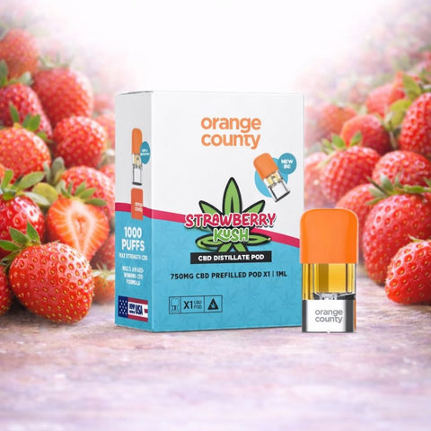 Orange County - CBD Prefilled Pod 1ml mit Erdbeer-Geschmack und 750 mg CBD in der Verpackung.