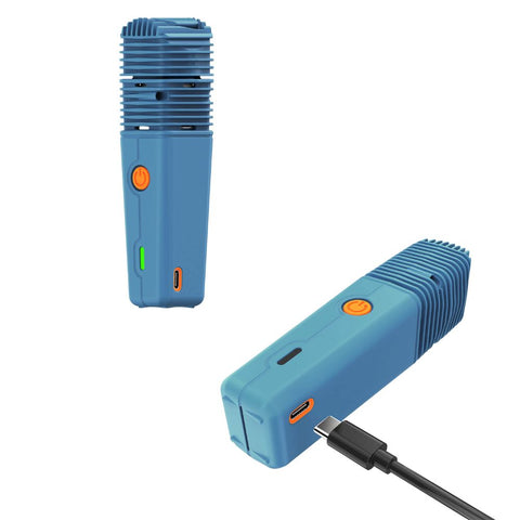 Storz & Bickel Veazy dry herb vaporizer in blue with USB-C charging port and buttons.