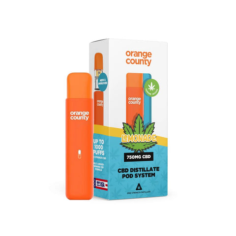 Orange County - CBD Vape Pen 1 ml Pod 750mg in Lemonade flavor with packaging, offering strong Broad-Spectrum CBD.