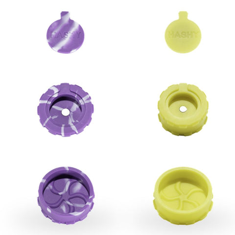 HASHY - Hash Grinder 50 mm, innovative Hash Grinder aus lebensmittelechtem Silikon in lila und gelb.