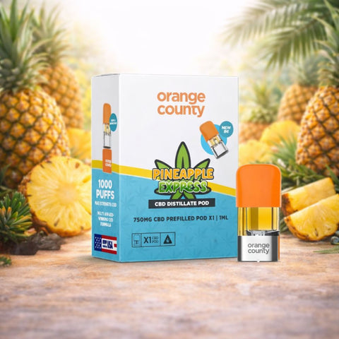 Orange County - CBD Prefilled Pod 1ml mit 750 mg CBD und Ananasgeschmack auf einem holzähnlichen Hintergrund.