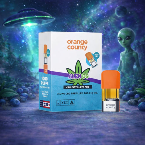 Orange County - CBD Prefilled Pod 1ml in Alien OG flavor with 750mg CBD and 1000 puffs, displayed with a space background.