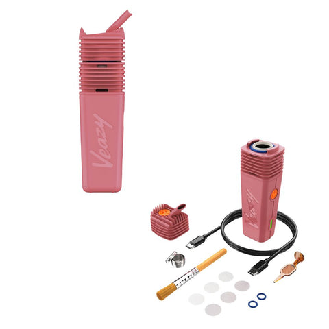 Storz & Bickel Veazy dry herb vaporizer in pink with accessories and cleaning tools.