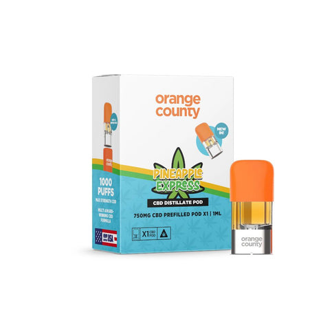 Orange County - CBD Prefilled Pod1 ml 750 mg in Pineapple Express flavor, with packaging and pod visible.