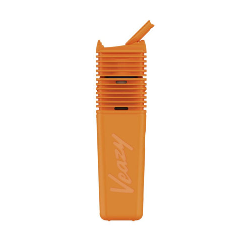 Storz & Bickel Veazy dry herb vaporizer in vibrant orange color, compact and stylish design for users.