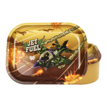 Jet Fuel tin rolling tray featuring a colorful design with an aircraft and explosions.