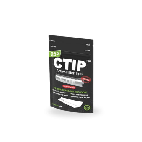 CTIP - Konische Aktivkohlefilter 6–7 mm Verpackung mit 25 aktiven Filtertipps, designed für sauberes Raucherlebnis.