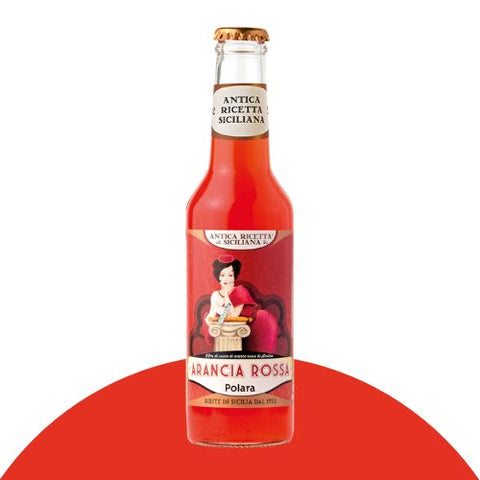 Polara Aranciata Rossa Sicilian blood orange soda in a glass bottle, featuring traditional labeling and design.