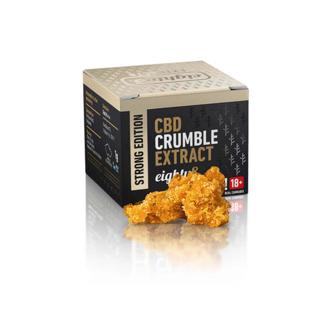 Eighty8 CBD Crumble Extract in a box with a vibrant crumble texture, 86.21% CBD content for vaping enjoyment.