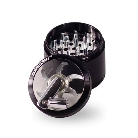 Schwarzer Aluminium Grinder mit Kurbel, Sichtfenster und Pollensieb