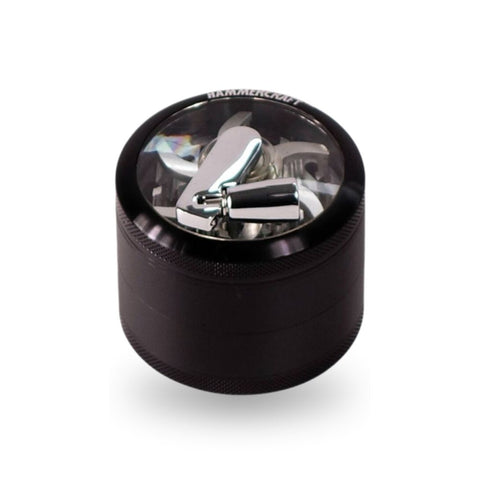 Schwarzer Aluminium Grinder mit Kurbel, Sichtfenster und Pollensieb