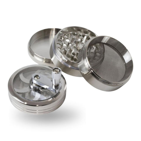 Aluminium Grinder mit Kurbel, Sichtfenster, Rotorklingen und Pollensieb