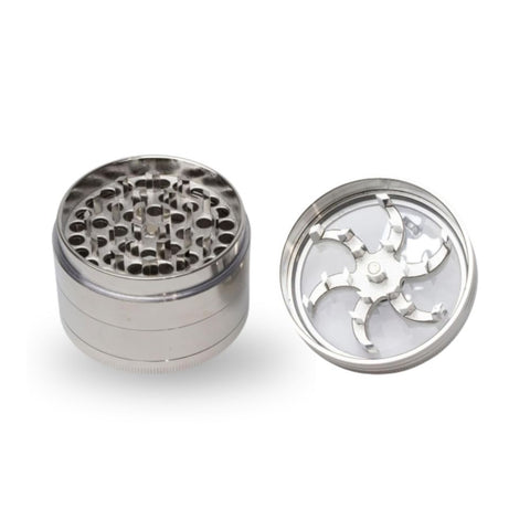 Aluminium Grinder mit Kurbel, Sichtfenster, Rotorklingen und Pollensieb