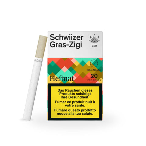 Heimat Gras Zigi Pre-Rolls - 20 Stück mit 15 g CBD-Hanf in bunter Verpackung ohne Nikotin.