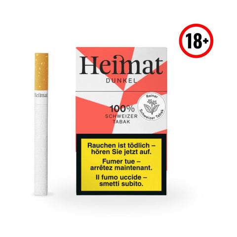 Heimat Original Dunkel Zigaretten - Schweizer Naturtabak Packung mit Zigaretten und Warnhinweis.