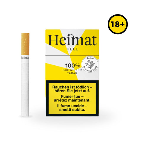 Heimat Original Hell Zigaretten - 100 % Schweizer Naturtabak Verpackung mit Zigaretten.