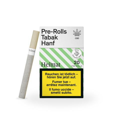 Heimat Pre Rolls Tabak & CBD Hanf - 20 Sticks Verpackung mit einem Pre-Roll und Warnhinweis.