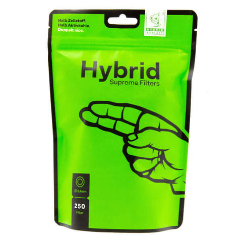 Hybrid Supreme Filter 6.4mm pack of 250, combining cellulose and activated carbon for smooth smoking experience.