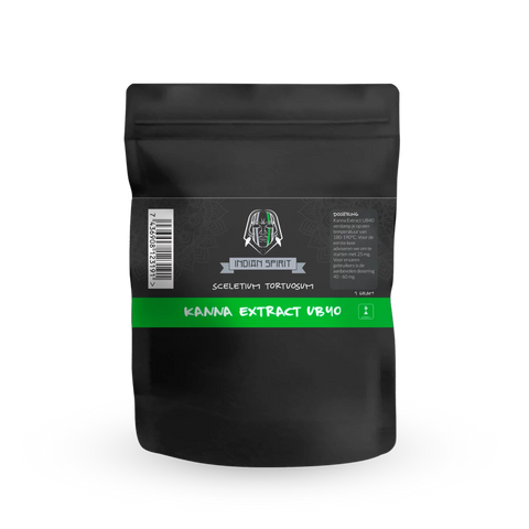 Indian Spirit Kanna UB40 Extract packaging, showcasing quality and pure Kanna extract in a sleek black pouch.