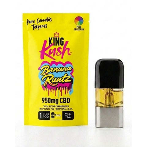 King Kush Banana Runtz CBD Vape Pod mit 1 ml Full Spectrum Hanfextrakt, 950 mg CBD und Terpenprofil aus Limonen, Caryophyllen und Linalool