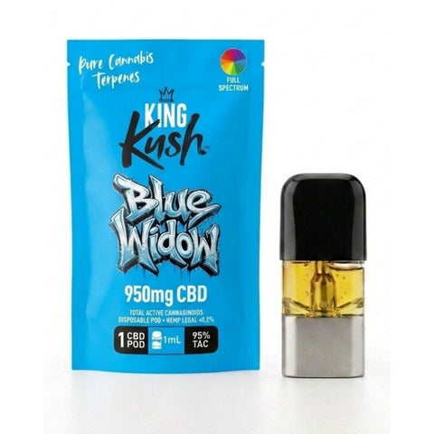 King Kush Blue Widow CBD Vape Pod mit 1 ml Full Spectrum Hanfextrakt, 950 mg CBD und Terpenprofil aus Myrcen, Pinen und Caryophyllen