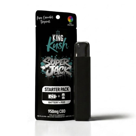 King Kush Super Jack CBD Vape Starter Pack mit vorbefülltem 1-ml-Full-Spectrum-Pod, 950 mg CBD und wiederaufladbarem USB-Akku