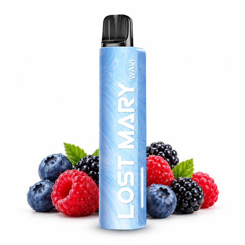 Blaues LOST MARY WAVI Kit mit gemischten Beeren vor weissem Hintergrund