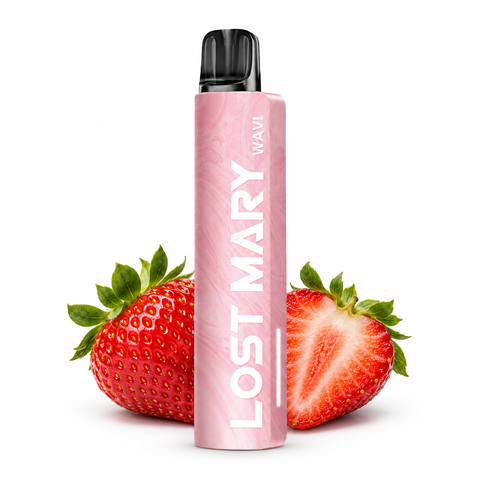 Rosafarbenes LOST MARY WAVI Kit mit Erdbeeren vor weissem Hintergrund