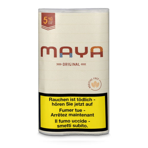 Maya Original Tabak in beiger Packung mit gelbem Warnhinweis, Vorderansicht