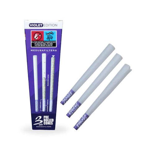 Medusa Pre-Rolled KS Cones 6 mm - Violet Edition mit Aktivkohlefilter und Filtertips in der Verpackung