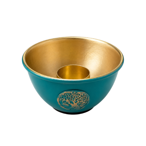 Grün-goldene Metall-Räucherschale mit Lebensbaum-Motiv für Salbei und Räucherwerk