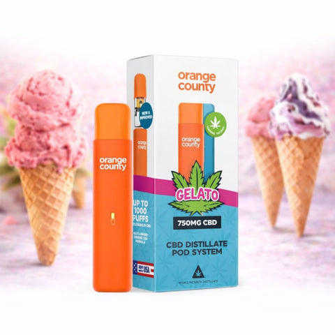 Orange County - CBD Vape Pen 1ml Pod 750mg in Gelato flavor next to ice cream cones.