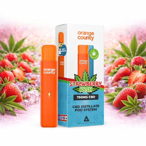 Orange County - CBD Vape Pen 1ml Pod 750mg in Strawberries background, compact pod system.