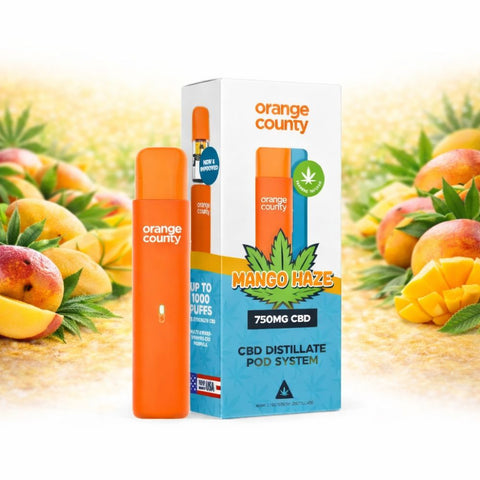 Orange County - CBD Vape Pen 1ml Pod 750mg in Mango Haze flavor with a vibrant design and tropical background.