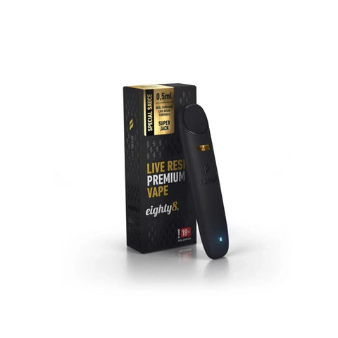 Eighty8 Live Resin CBD Vape Super Jack with packaging, featuring a sleek black design and 0.5ml capacity.