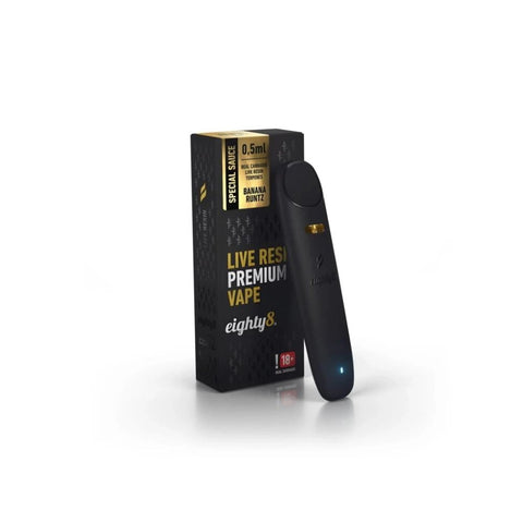 Eighty8 Live Resin CBD Vape Banana Runtz with packaging, showcasing premium quality and intense flavor.
