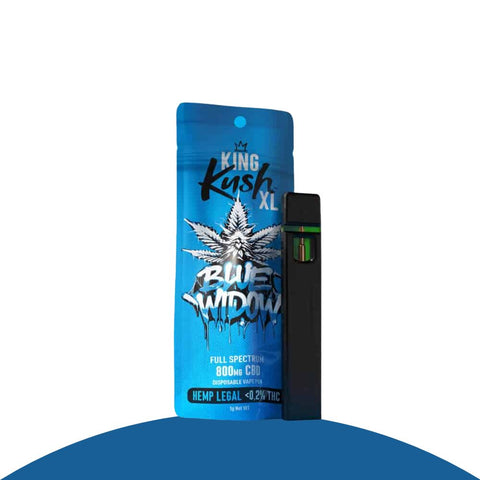 King Kush XL Blue Widow vape pen with packaging, featuring 0.2% THC and 800mg CBD, ideal for relaxation.