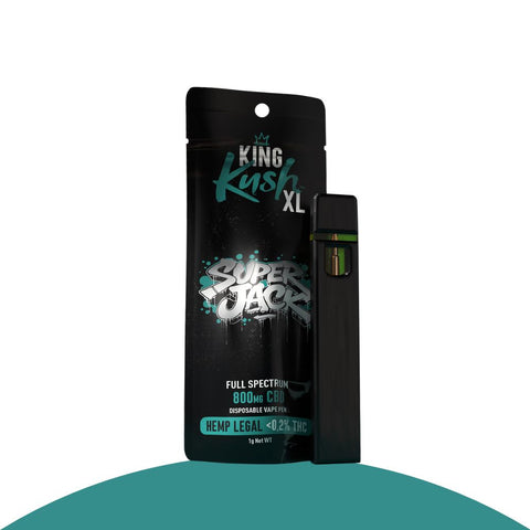 King Kush XL Super Jack disposable vape pen with 800mg full spectrum CBD and 0.2% THC packaging.
