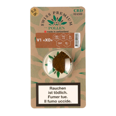 Swiss Premium Pollen V1 XO 5g CBD hash package showcasing rich texture and aromatic qualities.