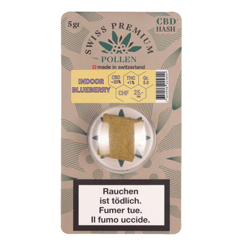 Swiss Premium Pollen Indoor Blueberry 5g packaging with CBD content and warning labels.