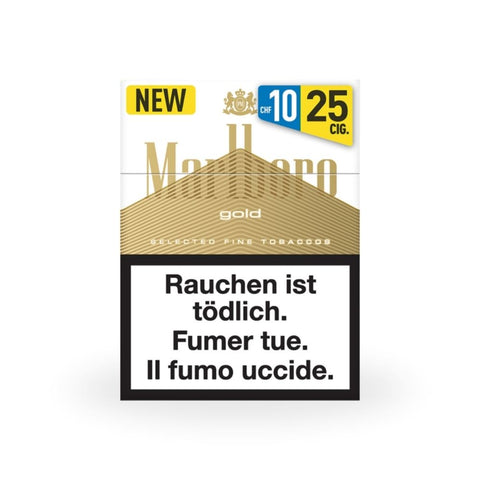 Marlboro Gold Big Pack 25 Zigaretten in neuem Design mit Warnhinweisen zum Rauchen.