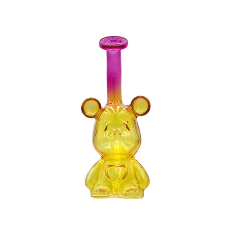Teddy Bear Glasbong in gelb und pink, 17 cm hoch, aus robustem Glas, ideal für stilvolles Rauchen.