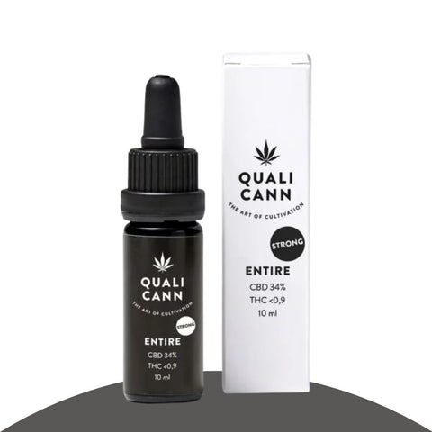 Qualicann CBD Öl ENTIRE STRONG 34% in black dropper bottle with packaging, 10ml, Swiss full-spectrum oil.