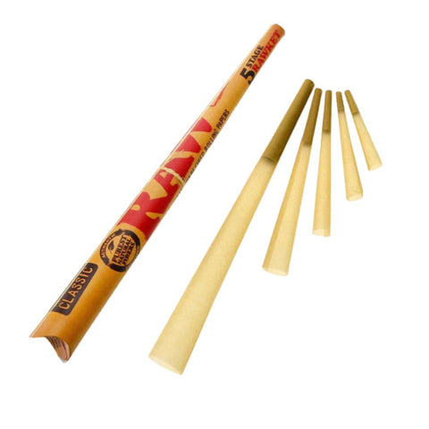 RAW Classic 5 Stage RAWket Pack mit fünf ungebleichten, vorgedrehten Cones in den Grössen 83, 110, 140, 180 und 280 mm