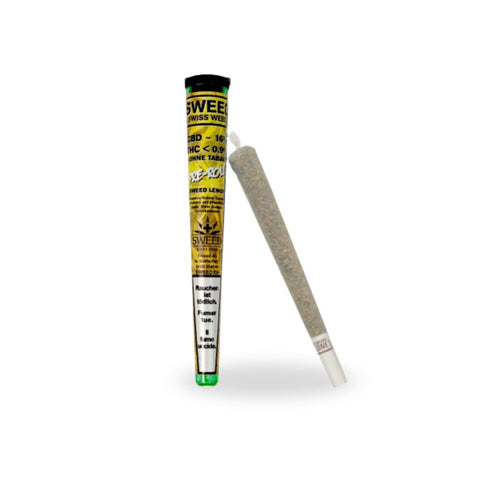 Sweed Pre-Rolled Joint - Lemon in packaging beside the pre-rolled joint, featuring lemon flavor and CBD content.