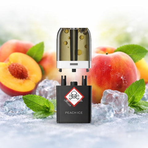VOZOL - Neon Plug Max Pod Tank Pack & E-Liquid Container mit Peach Ice Geschmack und frischen Früchten.