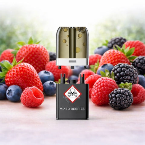 VOZOL - Neon Plug Max Pod Tank Pack & E-Liquid Container mit gemischten Beeren Hintergrund
