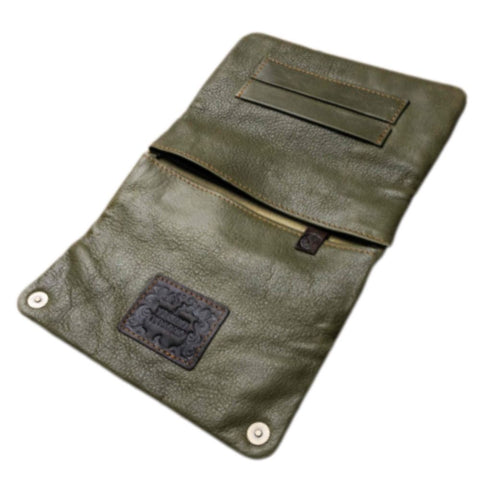 Kavatza - Tabaktasche TP20 Jade Smooth Cowhide Red open view with pockets in green smooth leather.