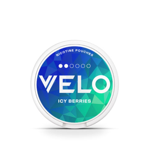 Velo Snus - Alle Sorten: Icy Berries Nikotinbeutel in einem modernen Behälter.